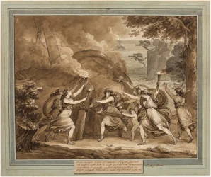 Cupidon conseille à Calypso de mettre le feu au navire de Mentor, du livre 7 des Aventures de Télémaque