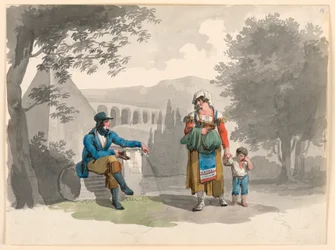 Dessin, une femme tenant un garçon par la main passe devant un homme assis au milieu de ruines dans la Campagne, 1807