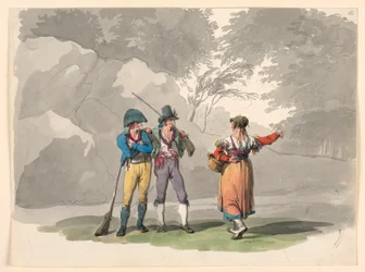 Dessin, Une femme et deux hommes armés. Costumes du royaume de Naples, 1807-08