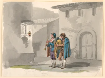Dessin, "Pifferari", deux joueurs de cornemuse des Abruzzes à Rome, 1807-08