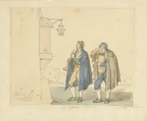 Joueur de flûte et joueur de cornemuse devant une maison