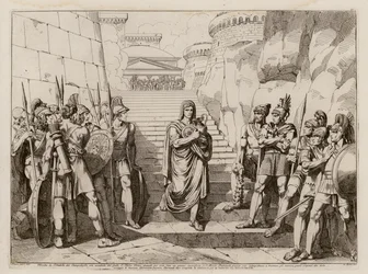 Gaius Fabius Dorsuo passe les Gaulois sans être inquiété en allant faire un sacrifice, 390 avant J.-C. (gravure)