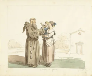 Jeune femme avec enfant devant un moine