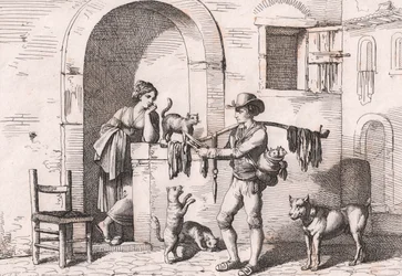 Le carnacciaro, vendeur ambulant de viande de chat, gravure de Bartolomeo Pinelli
