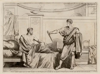 Titus Manlius Torquatus forçant Marcus Pomponius à retirer les accusations portées contre son père (gravure)