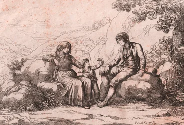 Deux roturiers avec un bébé, Schiavi, Abruzzes, gravure de Bartolomeo Pinelli (Rome)
