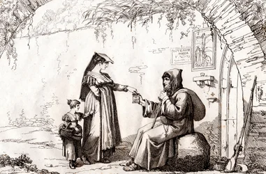 Femme de Frascati et un ermite, gravure de Bartolomeo Pinelli (Rome)