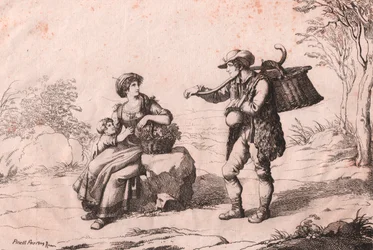 Femme de Pietra Terrazzana en costumes traditionnels, Abruzzes, et gioncataro (vendeur de fromage caciotte), gravure de Bartolomeo Pinelli