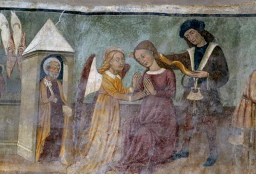 Scène allégorique, détail du cycle représentant la Cavalcade des Vices et des Vertus, vers 1490, par Bartolomeo Serra et Sebastiano Serra, fresque, chapelle Saint-Étienne, Giaglione, Piémont, Italie