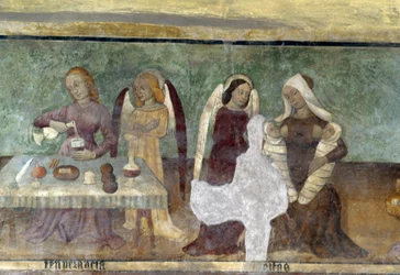 Scène allégorique, détail du cycle représentant la Cavalcade des Vices et des Vertus, vers 1490, par Bartolomeo Serra et Sebastiano Serra, fresque, chapelle Saint-Étienne, Giaglione, Piémont, Italie