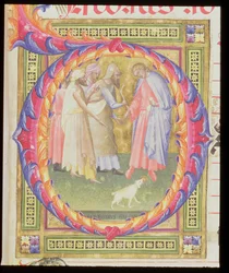 Ms 518 f.1r Initiale historiée O représentant Tobie et l