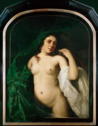 Femme nue soulevant un rideau (peinture sur toile)