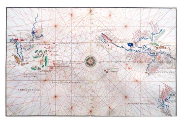 Carte de navigation montrant la Chine, Ceylan et les Philippines et les tropiques du Cancer et du Capricorne, vers 1540