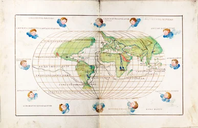Planisphère ovale du monde montrant la route de Magellan