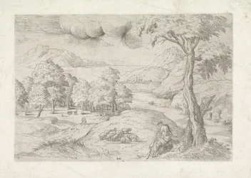 Paysage panoramique avec ruines, une ville et des voyageurs