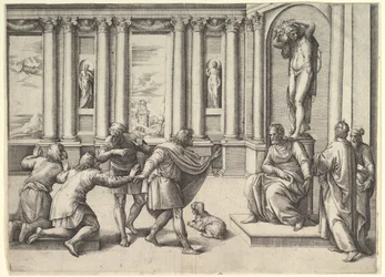 Homme assis sous une statue de Bacchus, recevant une audience, vers 1530-61
