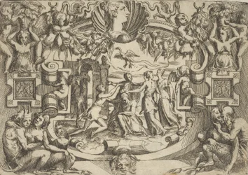 Quatre femmes entourant une figure assise, un oiseau au-dessus d