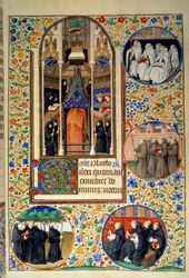 Scène de vie monastique. Dans les médaillons, de haut en bas, les Carmes, Franciscains, Dominicains, Augustins (gauche). Miniature du "Livre d