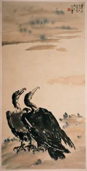 Deux Cormorans (rouleau suspendu et couleur sur papier)