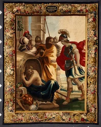 Diogène et Alexandre : rencontre entre le philosophe grec Diogène de Sinope (413-327 av. J.-C.) dans son tonneau et le roi Alexandre le Grand (356-323 av. J.-C.) à Corinthe. Lorsque le conquérant lui demanda ce qu
