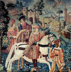Moyen Âge : le début de la chasse au faucon, à cheval. Tapisserie en soie et laine du début du 16ème siècle. De Hainaut. Paris, Musée National du Moyen Âge, Thermes de Cluny