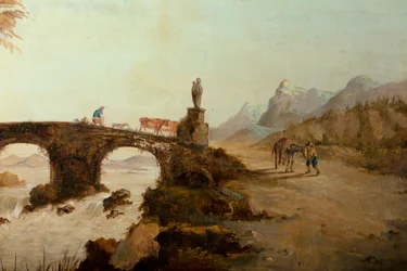 Deuxième salle arrière, salle de réunion, peintures murales avec scènes rurales de style classique, probablement vers 1810, scène 1