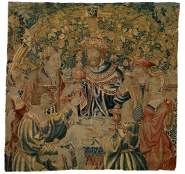 Tapisserie, Banquet avec Roi dans une Arcade, possiblement réalisée à Bruxelles, Belgique