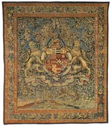 Tapisserie verdure avec les Armoiries de Robert Dudley, Comte de Leicester (une paire avec 47.1), fabriquée en Flandre, Belgique, vers 1570-1585
