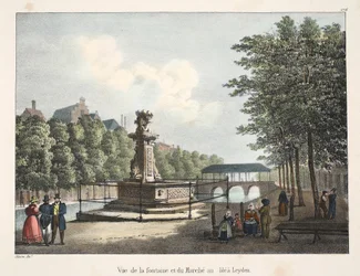 Vue de la fontaine et du Marché au blé à Leyde, vers 1895