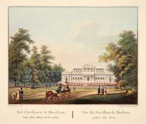 Het Paviljoen te Jaarlem, van den Hout af te zien. Vue du Pavillon de Harlem, prise du Bois, 1825 (gravure coloriée à la main)