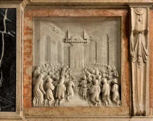 Crypte, Arche des Saints Marcellin et Pierre Exorciste, Benedetto Briosco 1506-08, Miracle des colombes