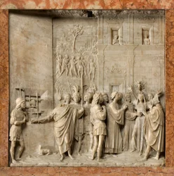 Crypte, Arche des Saints Marcellin et Pierre Exorciste, Benoît Briosco 1506-08, Saint Pierre libère Pauline du démon