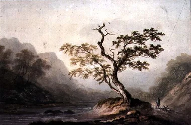 Paysage avec rivière et montagnes