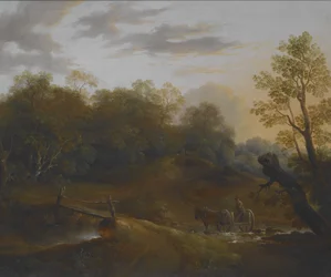 Charrette traversant un ruisseau boisé, vers 1815