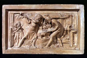 Hommes travaillant à une enclume, plaque