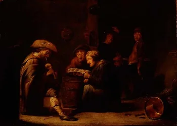 Intérieur de taverne avec deux chanteurs et un joueur de cornemuse