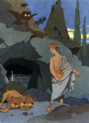 Orphée et sa lyre endorment Cerbère le chien à trois têtes