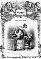 Le mariage de Figaro, Acte 11, avec les personnages de Suzanne et la comtesse Almaviva : « _ mais vois ce morveux comme il est joli en fille... ne seras-tu pas joli comme ça ? » illustration, 1838
