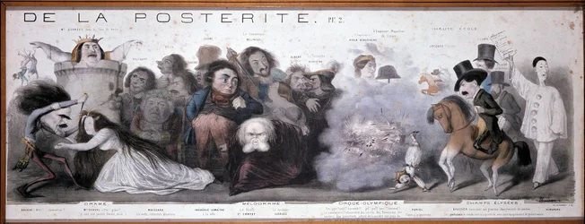 Le grand chemin de la postérité : représentation de la tragédie et de la comédie (Dorval, etc...) - Lithographie de Benjamin Roubaud, Maison de Balzac, Paris