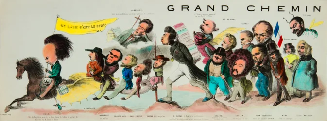 La grande chevauchée de la postérité. (Monté sur le Pégase romantique, Victor Hugo, roi des Hugolâtres, armé de sa bonne lame de Tolède et portant la bannière de Notre-Dame de Paris, accompagné de Théophile Gautier, Bernard Adolphe Granier)
