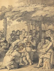 Les Indiens remettant les captifs anglais au colonel Bouquet près de son camp aux fourches de Muskingum en Amérique du Nord en novembre 1764, 1765