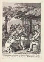 Les Indiens remettant les captifs anglais au colonel Bouquet près de son camp aux Fourches de Muskingham en Amérique du Nord en novembre 1764