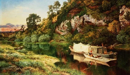 Paysage fluvial avec un pêcheur fabriquant des pièges à anguilles