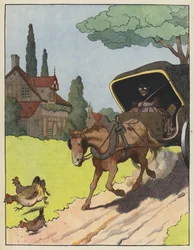 Poules effrayées par un chariot tiré par des chevaux