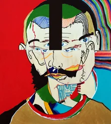 Surportrait : Mathieu Leroux, 2021 (huile et acrylique sur 3 panneaux de bois juxtaposés)