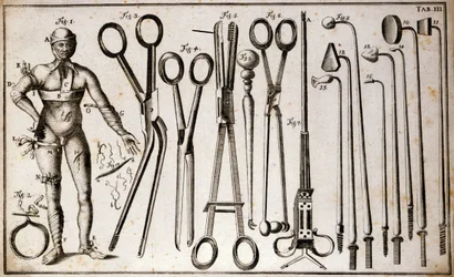 Différents types de pinces et instruments chirurgicaux. Un homme portant différents types de tourniquets et bandages. Planche de chirurgie illustrée par Benoist Louis Prevost (1735-1809). XVIIIe siècle