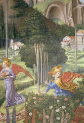 Ange cueillant des fleurs dans un paysage céleste (détail du cycle du Voyage des Mages dans la chapelle)