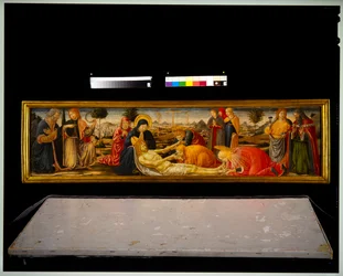 Panneau de Prédelle - Lamentation avec deux saints masculins introduisant deux démons masculins