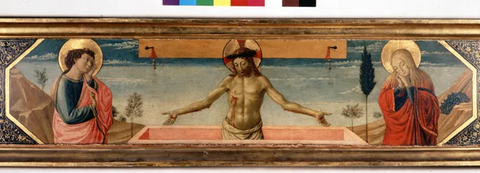 Prédelle avec le Christ en piété et saints. Peinture de Gozzoli Benozzo (détail)