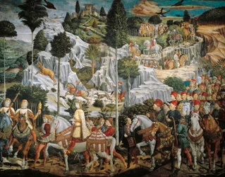 Cortège des Rois mages à Bethléem, par Benozzo Gozzoli (1420-1497), fresque, tempera et huile sur mur, chapelle du Palazzo Medici Riccardi, Florence